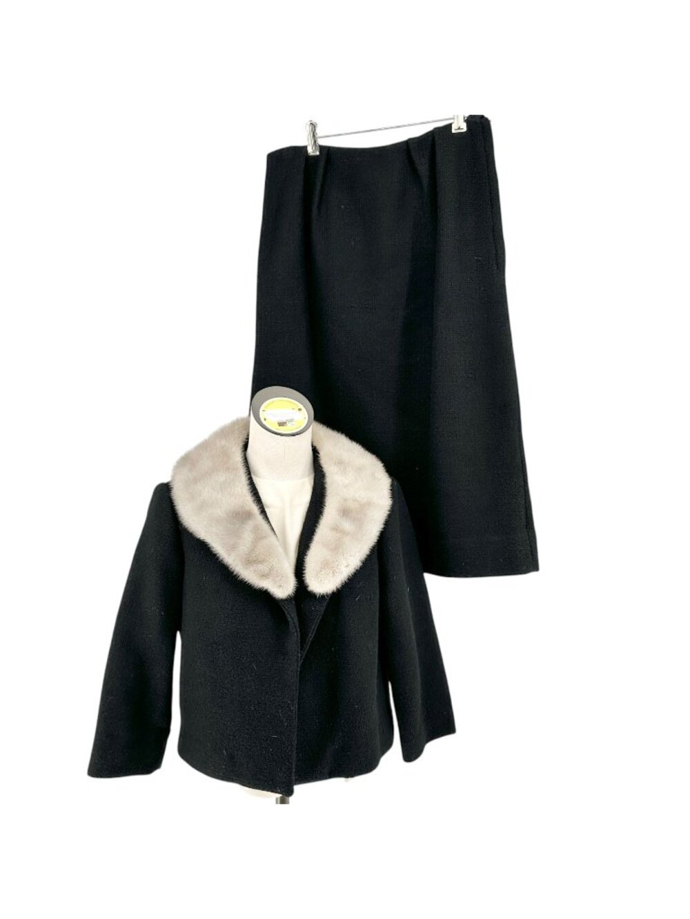 Vtg Handmade Womens Wool Suit Faux Fur Collar Jacket Shell Top Skirt Black Beige